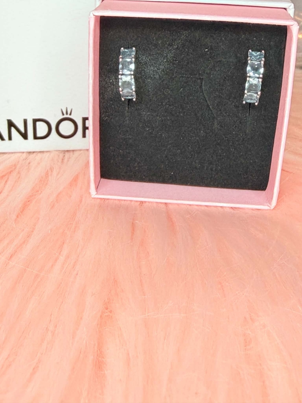 Pandora Sterling Silver Hoop Earrings with Blue Stones - Picture 4 of 5